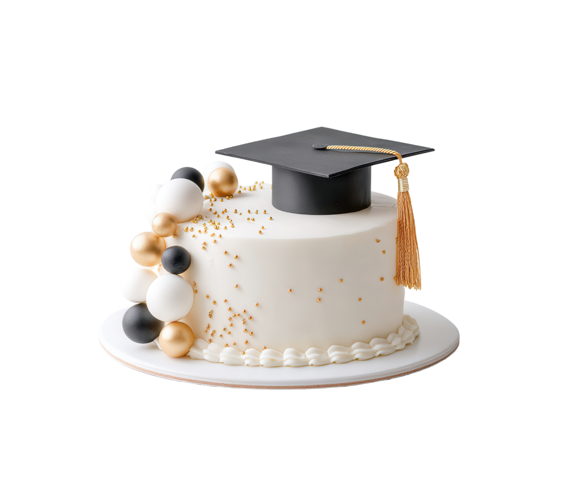 Raffinata torta artigianale per laurea ricoperta di panna bianca, decorata con un tocco nero e nappa dorata, sfere decorative bianche, nere e oro di diverse dimensioni e una pioggia di zuccherini dorati.