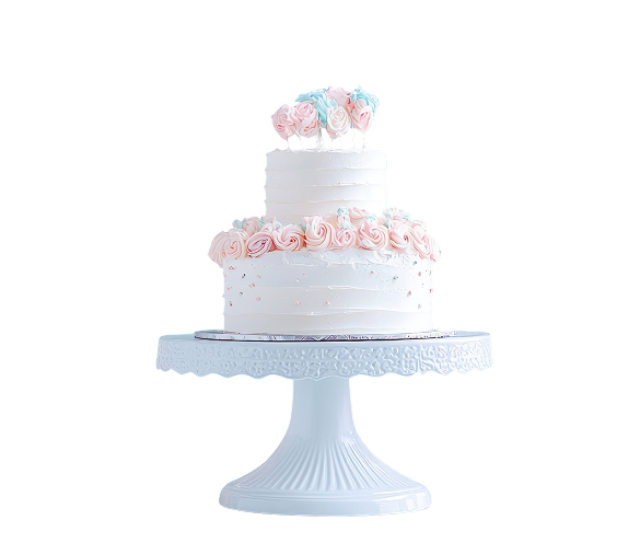 Elegante torta artigianale a due piani ricoperta di panna bianca, decorata con roselline di crema rosa e azzurre e piccoli punti dorati, presentata su un'alzata azzurra, realizzata dalla Pasticceria Martinangeli (Le Dolci Tradizioni).