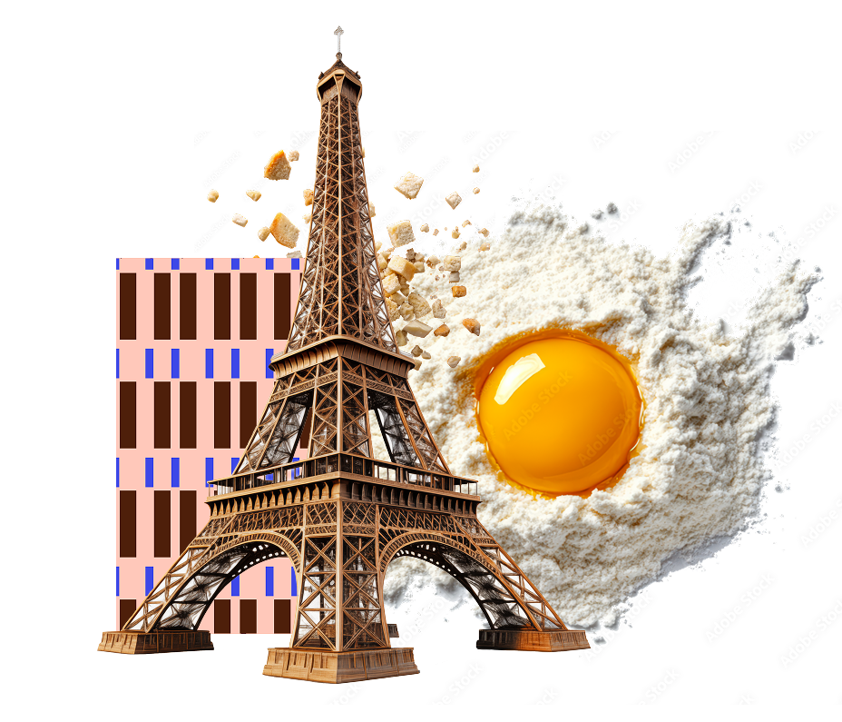 Composizione artistica evocativa della Pasticceria Martinangeli (Le Dolci Tradizioni) che unisce l'iconica Torre Eiffel a ingredienti fondamentali come farina e un tuorlo d'uovo fresco, simboleggiando l'incontro tra ispirazione internazionale e tradizione artigianale.