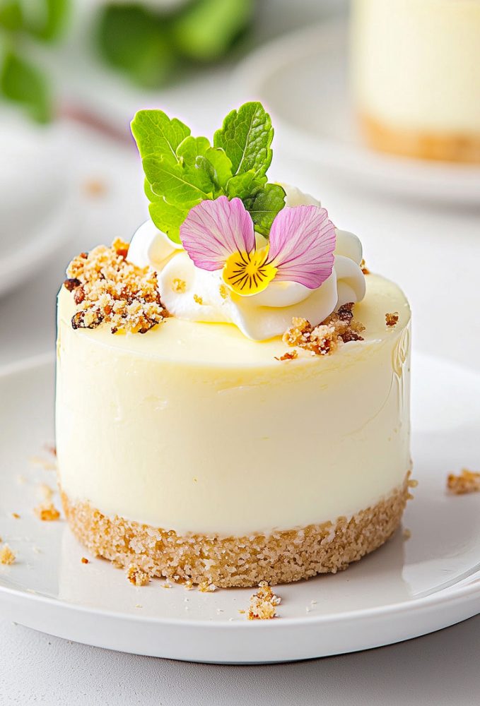 Raffinata monoporzione di cheesecake artigianale con base croccante, soffice crema bianca, guarnizione di fiori eduli e menta fresca, realizzata dalla Pasticceria Martinangeli (Le Dolci Tradizioni).