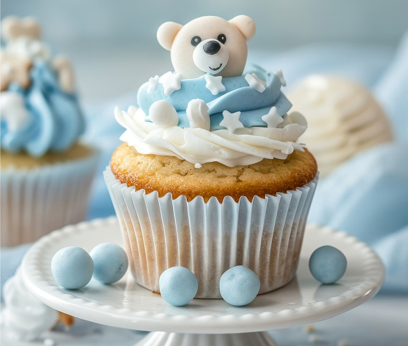 Delizioso cupcake artigianale con frosting di crema bianca e azzurra, decorato con stelline bianche e un musetto di orsetto in pasta di zucchero, presentato su un piattino con piccoli bon-bon azzurri.