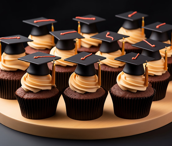 Assortimento di cupcake artigianali al cioccolato con frosting alla crema, decorati con piccoli tocchi neri da laurea in pasta di zucchero e nappe dorate.