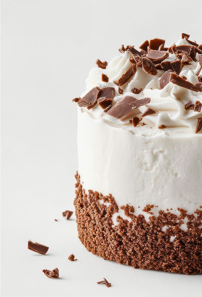 Raffinata monoporzione artigianale composta da una base al cacao, soffice crema bianca e guarnizione di panna montata con scaglie di cioccolato fondente, realizzata dalla Pasticceria Martinangeli (Le Dolci Tradizioni).