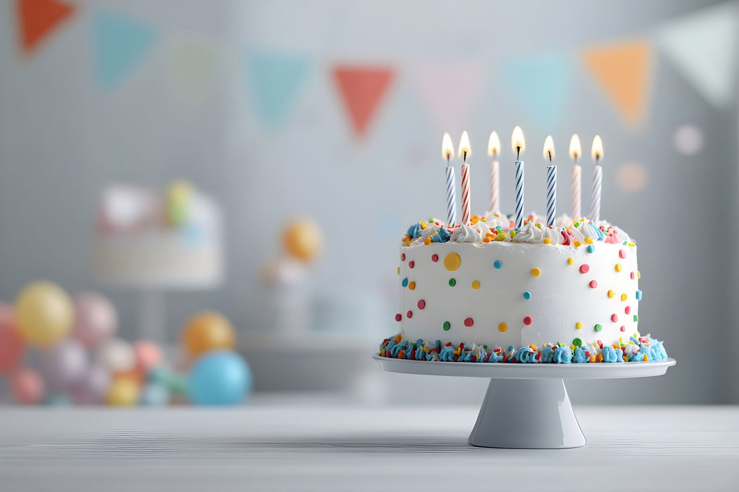 Festosa torta di compleanno artigianale ricoperta di panna bianca, decorata con confettini colorati e sette candeline accese, presentata su un'alzata in un ambiente addobbato per una celebrazione.